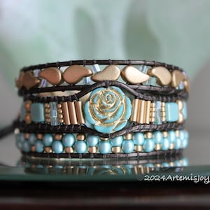 In Stock, Turquoise and Gold Rose, Triple Wrap Beaded Leather Bracelet for Women; Handmade Jewelry; Unique Gifts for Her; 3X Wrap, Boho Chic