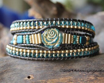 In Stock, Teal and Gold Rose Triple Wrap Beaded Leather Bracelet for Women, Handmade Bracelet, Unique Gifts for Her, Feminine, Boho, 3X Wrap