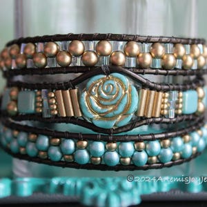Turquoise and Gold Rose, Triple Wrap Beaded Leather Bracelet for Women, Handmade Bracelet, Unique Gift for Her, Bohemian, Boho Chic, 3X Wrap