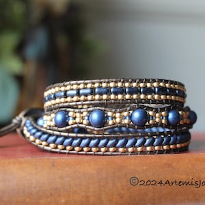 Navy Blue and Gold, Triple Wrap Beaded Leather Bracelet for Women, Handmade Bracelet, Unique Gifts for Her, Boho Jewelry, 3X Wrap Bracelet