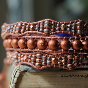 In Stock, Etched Antique Copper Waves, Triple Wrap Beaded Leather Bracelet for Women, Handmade Jewelry, Unique Gift for Her, 3X Wrap, Grey