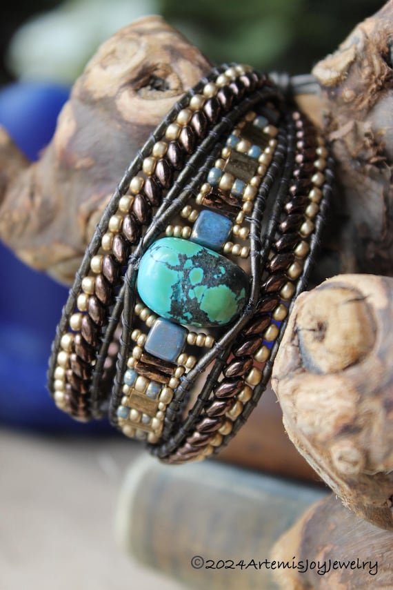 Turquoise and Navy Beaded Leather Wrap Bracelet Turquoise Beaded Leather Wrap Bracelet: Boho Double Wrap - Etsy main image 2