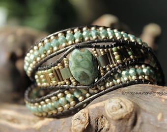 Rhyolite Green and Bronze, Triple Wrap Beaded Leather Bracelet for Women, Handmade Bracelet, Unique Gifts for Her, Boho, 3X Wrap Bracelet