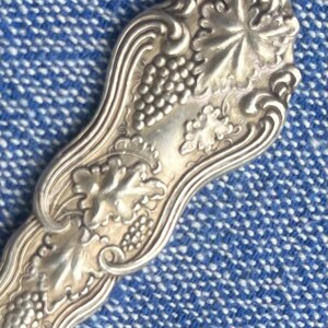 May include: Close-up of a silver spoon with an ornate grape and leaf design. The spoon's handle features detailed relief carvings of grapes and foliage, showcasing a classic, elegant style. The spoon is set against a blue and white patterned background.