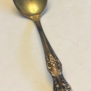 May include: A vintage silver spoon with an ornate floral design on the handle. The spoon's bowl is oval-shaped and shows signs of wear. The handle features detailed embossed flowers and leaves. The spoon is resting on a white surface.
