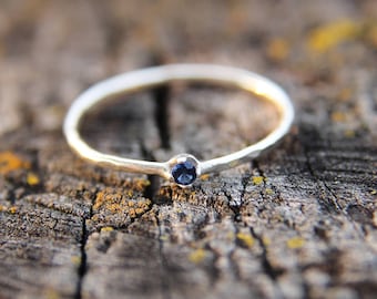 Sapphire, sterling silver hammered stacking ring with 2mm stone