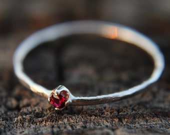 Garnet, sterling silver hammered stacking ring with 2mm stone
