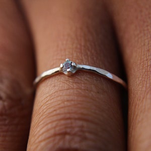 Alexandrite ring, sterling silver hammered stacking ring with 2mm gemstone.