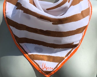 Vintage Vera Scarf | Approx. 20" Square | Brown, White and Orange Neckerchief | Designer Signed Scarf