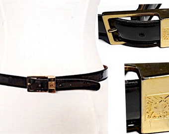ANNE Klein Vintage Black Patent Genuine Leather Belt | Calderon - Made in U.S.A. Designer Belt w/Lion's Head Logo | XL: Fits approx. 33"-36"
