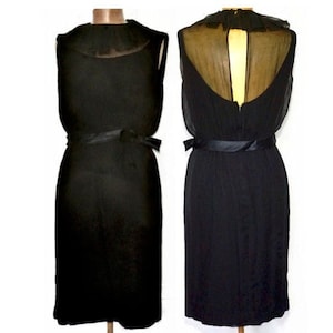 Vintage Mid Century Black Chiffon Cocktail Dress | 1950s Sleeveless, Knee Length Party Dress with Neck Ruffle and Satin Waist Bow | LBD