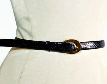 Vintage Genuine Leather Reptile Grain Skinny Brown Belt | SIMPSONS Snap Strap w/Removable Gold Tone Buckle | Size M: 65cm-75cm/25.5"-29.5")