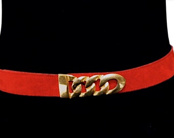 Vintage Red Leather Belt, Red Suede Belt with Chunky Gold Tone Buckle, Large to Plus Size Belt, Fits 36"-42" Waist