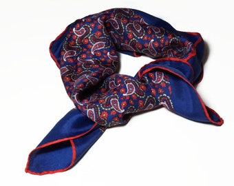 Bufanda vintage de cachemir GLENTEX / Pañuelo de seda y rayón, bandana, corbatín, pañuelo, etc. / Pañuelo cuadrado azul oscuro y rojo / Aproximadamente 56 cm/22"