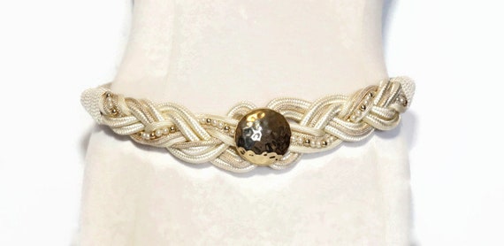 Vintage Woven Cream Cord Belt with Gold Tone Hamm… - image 10