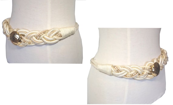 Vintage Woven Cream Cord Belt with Gold Tone Hamm… - image 9