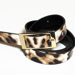 Vintage Faux Leather Leather Belt with Leopard Skin Print and Gold Tone, Numbered Buckle | Size 14: 81cm-91cm (32&quot;-36&quot; | Vegan Skinny Belt