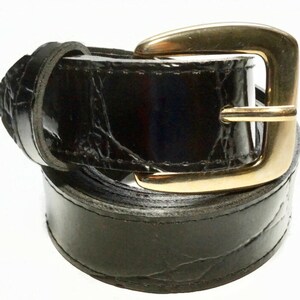 Vintage Black &#39;Mock Croc&#39; Patent Vinyl Belt with Gold Tone Buckle | Size 14: Fastens Approx. 82cm-92cm / 32&quot;-36&quot;