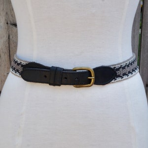 Vintage Surcingle Belt with Black Leather Straps & Brass Plated Buckle | Taupe, Grey Woven Webbing Casual Belt | Approx. 73cm-81cm/29&quot;-32&quot;