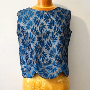 Vintage Blue Brocade Top with Metallic Gold Thread | 1950s Dressy Crop Top | Sleeveless Blouse w/Scalloped Front Hem | Mid Century Fashion
