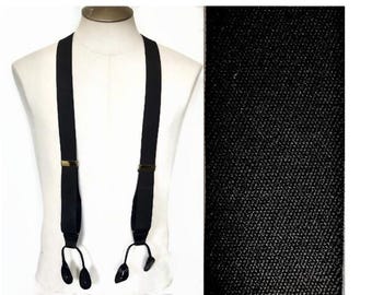 Tirantes negros vintage con botón elástico / Tirantes en forma de Y con lengüetas de cuero y parche trasero / Ropa formal para hombre, fabricados en Inglaterra