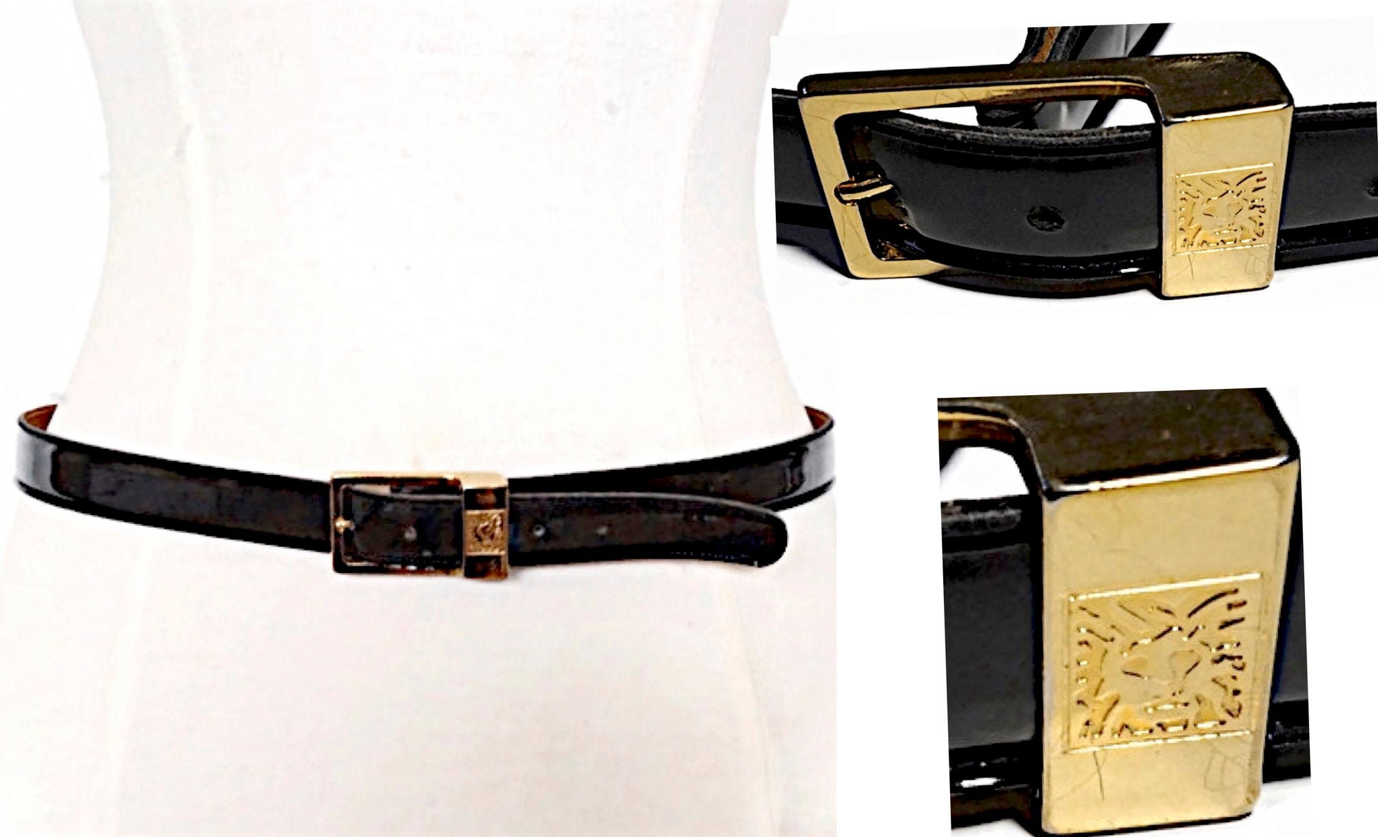 ANNE Klein Vintage Black Patent Genuine Leather Belt 
