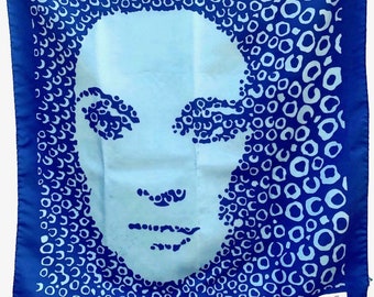 Vintage Blue Scarf with Large Face Graphic Print | Pierre Saint Martin PARIS Signed Headscarf | 26" Square | Made in Italy | Wearable Art
