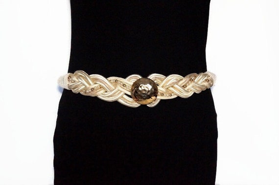 Vintage Woven Cream Cord Belt with Gold Tone Hamm… - image 1