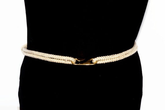 Vintage Woven Cream Cord Belt with Gold Tone Hamm… - image 3