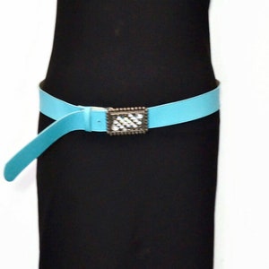 Vintage Pale Blue Faux Leather Belt Rhinestone Encrusted Buckle | 1.5"/3.8cm Wide Waist Belt | Fastens Approx. 36"-40"/92cm-102cm