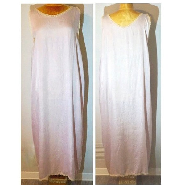 Vintage Pale Lilac Silk Nightdress with Lace Trim | Floor Length Light Purple-Pink Nightgown | Loose Fitting, Sleeveless Silky Chemise