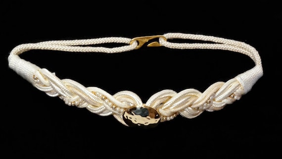 Vintage Woven Cream Cord Belt with Gold Tone Hamm… - image 2
