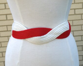 Red and White Woven Fabric Vintage Belt | Braided Olefin Fibre 80s Waist Cincher | Cummerbund Style Dress Belt | Size Small