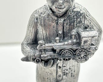 Vintage Pewter Boy with Train Figurine by Sculptor, Michael Ricker