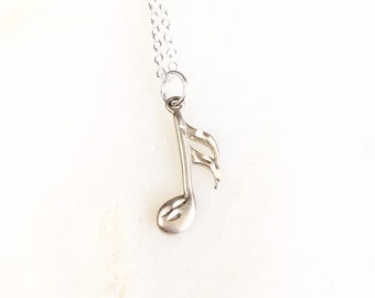 Vintage 925 Sterling Silver Music Note Charm Pendant Necklace