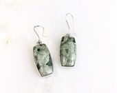Vintage Sterling Silver Green Marbled Agate Gemstone Dangle Earrings