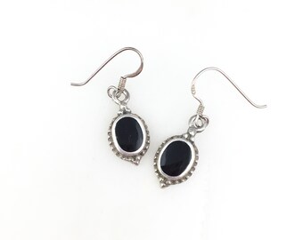 Vintage Black Onyx Round Abstract Modernist Minimalist Silver Earrings