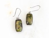 Vintage Sterling Silver Green Marbled Agate Gemstone Dangle Earrings