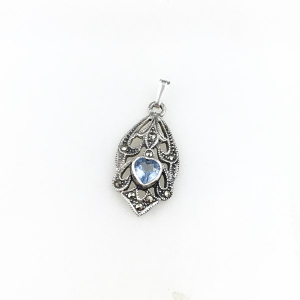 Vintage 925 Deco Sterling Silver Blue Aquamarine Glass Marcasite Heart Pendant Necklace