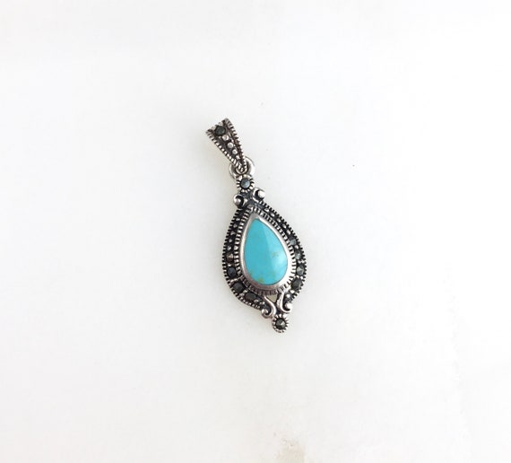 Vintage 925 Deco Sterling Silver Marcasite Turquoise Heart Pendant Necklace