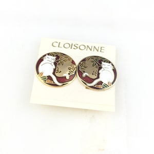 Vintage rode cloisonne Chinese emaille kat clip op oorbellen