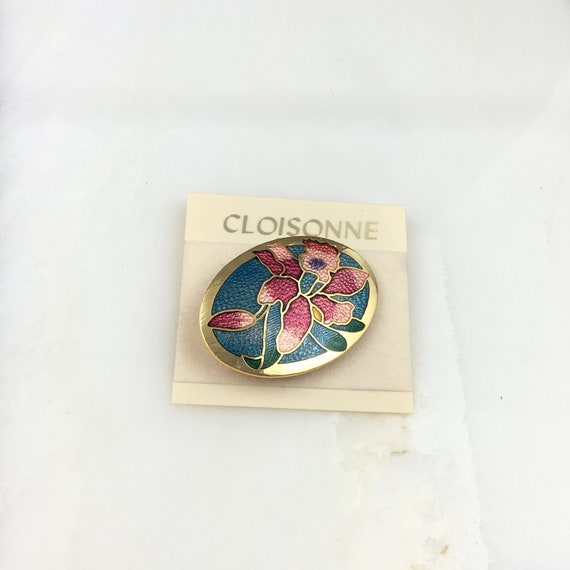 Vintage Cloisonne Gold Tone Enamel Pink Blue Flor… - image 4