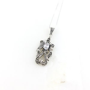 Vintage 925 Deco Sterling Silver CZ Diamond Marcasite Pendant Necklace