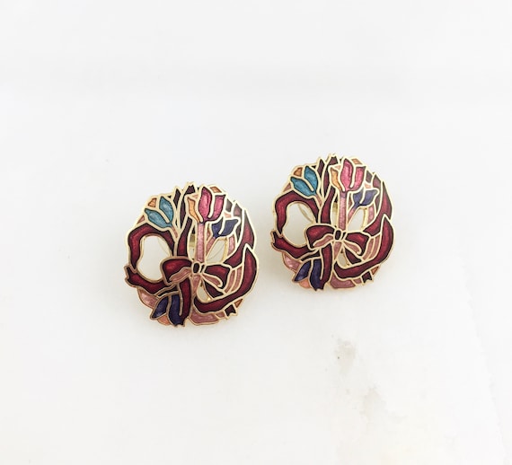 Vintage Cloisonné Enamel Flower Floral Tulip Stud… - image 1