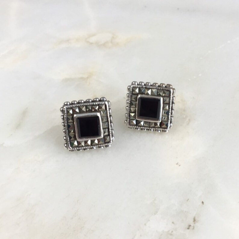 Vintage Sterling Silver Onyx Marcasite Stud Earrings