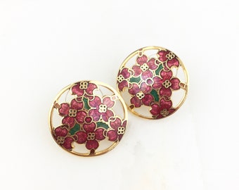 Vintage Cloisonné Enamel Dogwood Flower Floral Stud Earrings