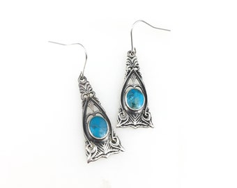 Vintage 925 Sterling Silver Blue Turquoise Filigree Bali Boho Women’s Dangle Earrings