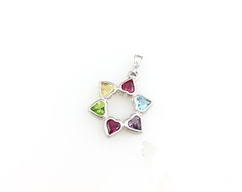 Vintage 925 Sterling Silver Dainty Heart Star Multi Color Charm Pendant Necklace