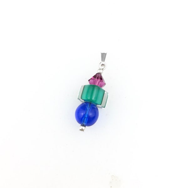 Vintage 925 Sterling Silver Blue Green Pink Glass Beaded Charm Pendant Necklace