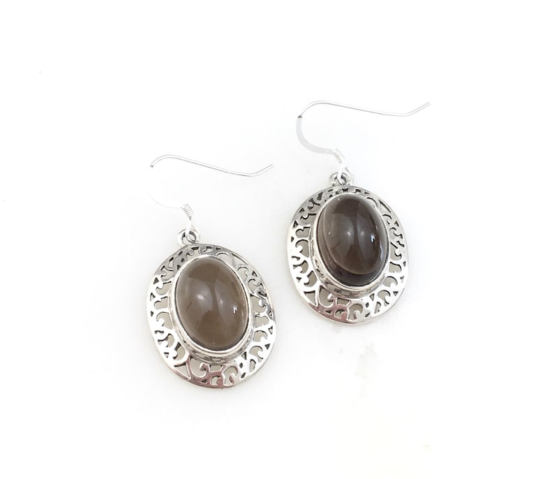 Vintage 925 Sterling Silver Brown Quartz Dangle Earrings